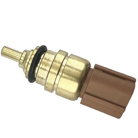 Coolant temperature sensor with brass body and brown connector; close-up view