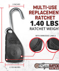Heavy Duty 3/8 Inch Rope Ratchet Tie Down Pulley Hanger With Self Locking Tension System, 2x7 inch dimensions, detail view.