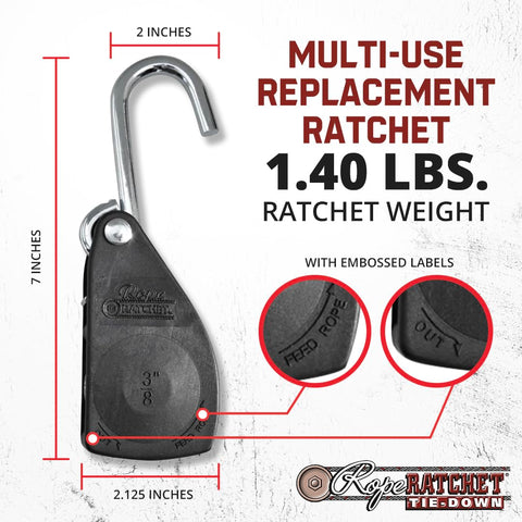 Heavy Duty 3/8 Inch Rope Ratchet Tie Down Pulley Hanger With Self Locking Tension System, 2x7 inch dimensions, detail view.