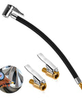 Tough 24cm Tire Inflator Hose with Two Locked-In Air Chucks for Schrader Valves Nylon Wrapped Rubber Flexible Hose, close-up view.