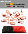 260Pcs Copper Wire Lugs And Heat Shrink Kit For Battery Cables AWG 2 4 6 8 10 12 With 120Pcs Ring Terminals And 140Pcs Heat Shrink Tubing Assortment Pack showing copper lugs and red and black heat shrink tubing.