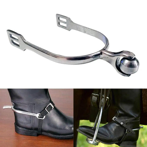 Stainless Steel Western Horse Spurs with Roller Ball for Equestrian Boots shown alone and in use, durable training spurs for riding