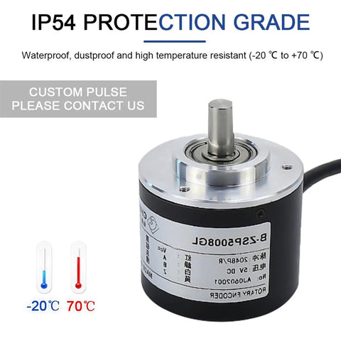 50mm Incremental Rotary Encoder With 8mm Shaft Optical AB Quadrature Two Phase Pro Grade High Resolution PPR Options 10 1024 3600 5 To 24V DC Driver Output 5V ZSP5008 2048PPR Module For Precise Motor Control, side view, IP54 rated