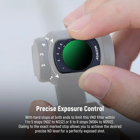 Close-up of Variable ND Filters 2 To 32 And 64 To 512 Set for DJI Osmo Pocket 3 and Pocket 4, showing precise exposure control.