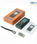 Kick The Bucket On Flimsy Metal Tapes And Grab This Boss Level Laser Distance Meter With Built In Bubble Level For Nailing Wall Measurements Or Furniture Layouts Without Breaking A Sweat, showing portable meter with packaging and accessories.