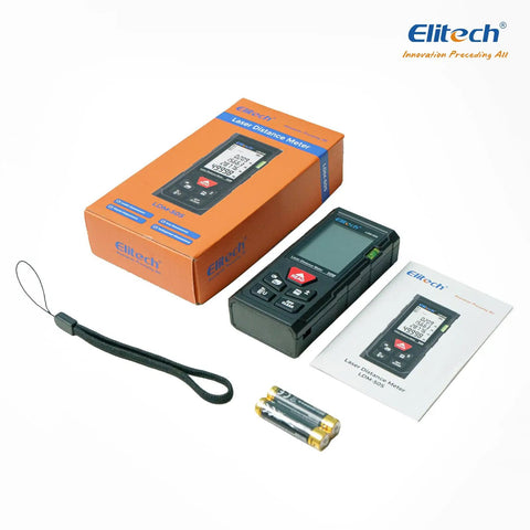 Kick The Bucket On Flimsy Metal Tapes And Grab This Boss Level Laser Distance Meter With Built In Bubble Level For Nailing Wall Measurements Or Furniture Layouts Without Breaking A Sweat, showing portable meter with packaging and accessories.