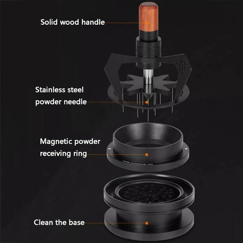 58mm Espresso Needle Distributor Features Nine Fine Thin Needles Adjustable Height Frame and Sleek Black Cleaning Base.