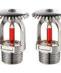 Hardcore Upright Fire Sprinkler Heads 5 Pack Real Brass Chrome Coating 68 Degree Burst Rating 3/4 Inch Pipe Thread with red liquid.