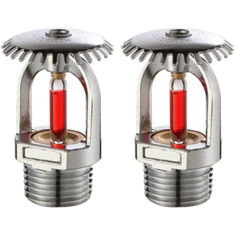 Hardcore Upright Fire Sprinkler Heads 5 Pack Real Brass Chrome Coating 68 Degree Burst Rating 3/4 Inch Pipe Thread with red liquid.
