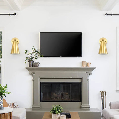 Living room with Gold Wall Sconces Set Of Two, 180 Degree Adjustable Mid Century Modern Sconce Lighting installed above fireplace.