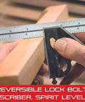 Metal 6 Inch Combination Square With Center Head And Square Head Hardened Steel Cast Iron Construction in use on wood