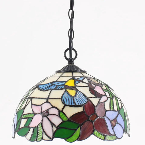 Tiffany Pendant Light Plug In Hummingbird Amber Stained Glass, 12 Inch Hanging Lamp From S101 Series with floral pattern