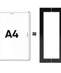 Comparison of A4 paper dimensions next to a rectangular black frame outline.