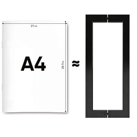 Comparison of A4 paper dimensions next to a rectangular black frame outline.