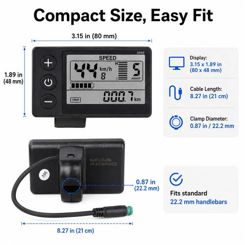 Electric Bike LCD Display Panel For 22.2 Mm Handlebars With Waterproof Plug, Meter For 24V 36V 48V E Bikes, S866 Compatible Digital Display Screen, Fits Road, Mountain, And Commuter Ebikes, Stable Mounting For City Streets