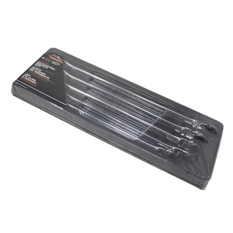 Plastic packaging of 120 Tooth Ratcheting Wrench Set With Extra Long Flexible Design And 180 Degree Rotating Heads On Both Ends Spline Plus Gear Metric Sizes