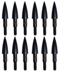 12 black 100 Grain Field Points For Archery - 5/16 Inch Steel Screw In Tips arranged in rows