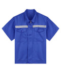 Men's Rugged As Nails Short Sleeve Work Jacket With Reflective Safety Stripes Heavy Duty Industrial Mechanic Uniform Zip Front Turn Down Collar Day Shift Shop Gear Blue 4XL, blue with chest pockets.