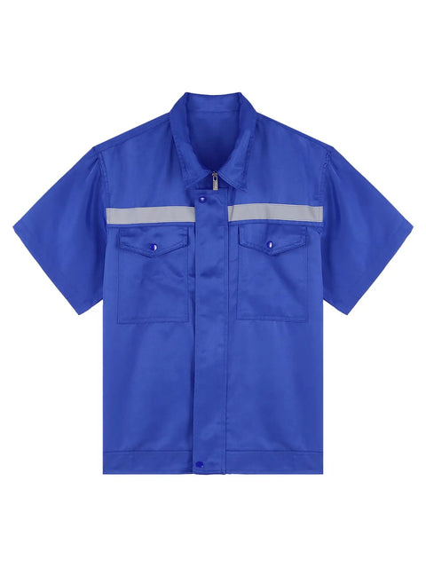 Men's Rugged As Nails Short Sleeve Work Jacket With Reflective Safety Stripes Heavy Duty Industrial Mechanic Uniform Zip Front Turn Down Collar Day Shift Shop Gear Blue 4XL, blue with chest pockets.