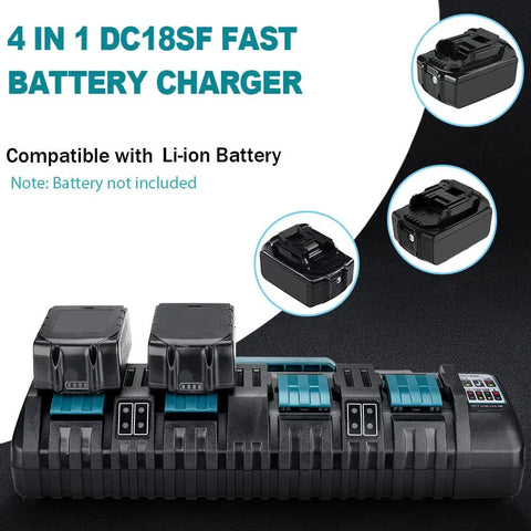Four Port 18V Battery Charger With Quick Charge And Dual USB Ports For Fast Simultaneous Charging Of Lithium Ion Batteries
