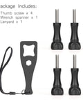 Universal Long Thumb Screw Set For Action Cameras, 4 Pack With Wrench, showing screws, wrench, and lanyard in package