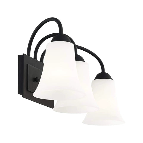 Ridgedale 3 Light Bath Vanity Fixture In Matte Black Finish Transitional Design With Clean Classic Lines Steel Construction 23.5 X 7.5 X 9 Inches Perfect For Powder Rooms Hallways And Bathrooms, angled view