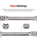 Flex Head Ratcheting Wrench Set With Modular Organizer, clear markings on 15 mm wrenches, laser and stamped identifiers shown