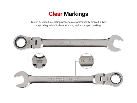 Flex Head Ratcheting Wrench Set With Modular Organizer, clear markings on 15 mm wrenches, laser and stamped identifiers shown