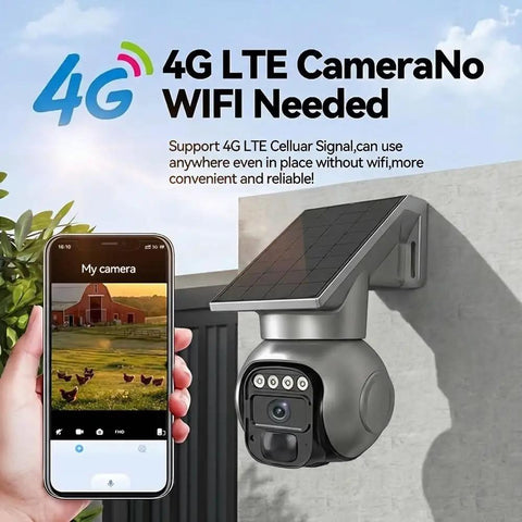 Weatherproof Security Rig Ships With Built In Sim Card For Easy 4G LTE Access And Draws Solar Power To Skip Wi Fi Setup While Surviving IP Sixty Five Rain Damage Plus Quick 360 Degree Pan Tilt View And Clear Two Way Talking, showing 4G LTE camera with solar panel.