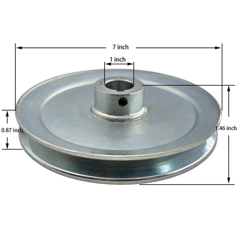 AB700-1 Beefy Single Groove V Belt Pulley 7 Inch OD 1 Inch Bore Motor Pulley, zinc plated 1020 steel, side view with measurements