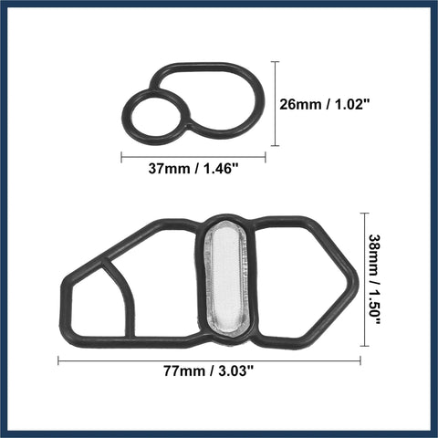 VTEC Solenoid Gasket And Spool Valve Filter Screen Replacement Kit For Honda Prelude Civic Del Sol All Models 1995 1996 1997 1998 1999 2000 2001 Pack Of 2 Black Durable Easy Install Plug And Play DIY Friendly, showing rubber gasket and filter dimensions