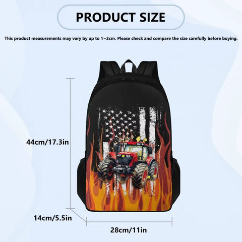 Kid Friendly Flame Red White Tractor Themed Backpack Set With Insulated Lunch Bag Water Bottle Holder And Pencil Case Durable Farm Style School Ready For Field Trips And Rural Gifts showing backpack with tractor design and flame details.