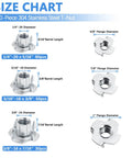 Size chart of Heavy Duty T Nuts 304 Stainless Steel Assortment 160 Piece Kit with dimensions and piece counts.