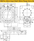 ZCT280 servo motor technical drawing with dimensions for 24mm shaft and 130mm flange for CNC applications.