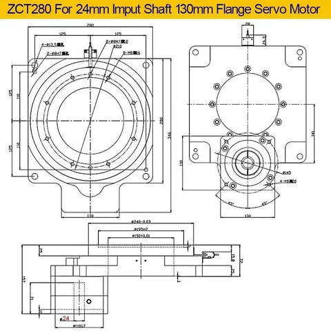 ZCT280 servo motor technical drawing with dimensions for 24mm shaft and 130mm flange for CNC applications.