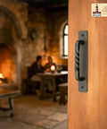 Premium Solid Heavy Duty Rustic Twisted Barn Door Handles In Black Wrought Iron, six inch pull on wooden door, perfect for interior use.