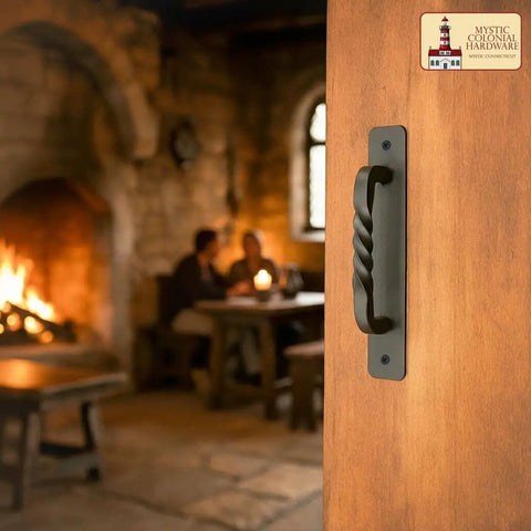 Premium Solid Heavy Duty Rustic Twisted Barn Door Handles In Black Wrought Iron, six inch pull on wooden door, perfect for interior use.