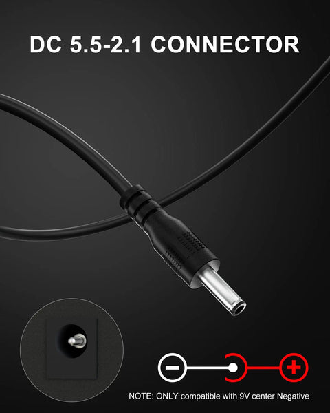 Rock-Solid 9V Guitar Pedal Power Supply With Quiet Gig-Ready Operation, close-up of DC 5.5-2.1 connector for Boss PSA adapters.