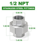 2 Pack 304 Stainless Steel Union Fittings 1 Inch NPT Male To 1 Inch NPT Female Cast Pipe Quick Connect Heavy Duty, Corrosion Resistant, Industrial Grade, Works From Minus 65 Degrees Fahrenheit To 250 Degrees Fahrenheit, 1/2 NPT stainless steel fitting dimensions