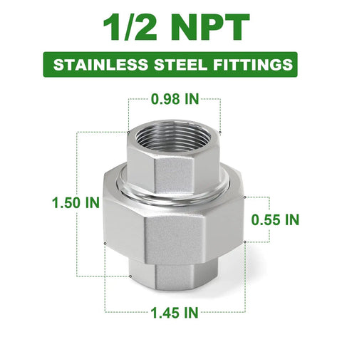 2 Pack 304 Stainless Steel Union Fittings 1 Inch NPT Male To 1 Inch NPT Female Cast Pipe Quick Connect Heavy Duty, Corrosion Resistant, Industrial Grade, Works From Minus 65 Degrees Fahrenheit To 250 Degrees Fahrenheit, 1/2 NPT stainless steel fitting dimensions