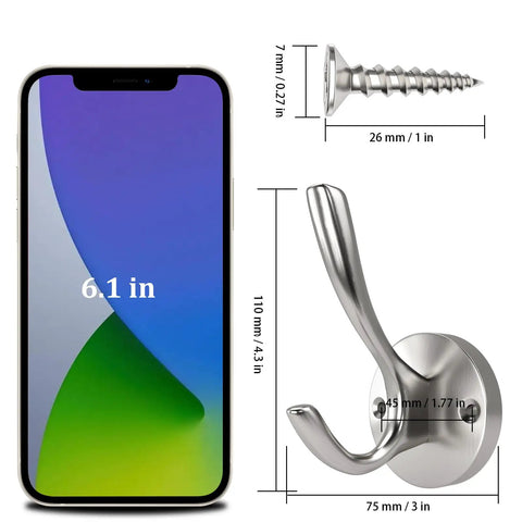 Heavy Duty Towel And Coat Hooks Two Pack In Brushed Nickel Wall Mounted Bathroom Hooks size comparison with smartphone and screw