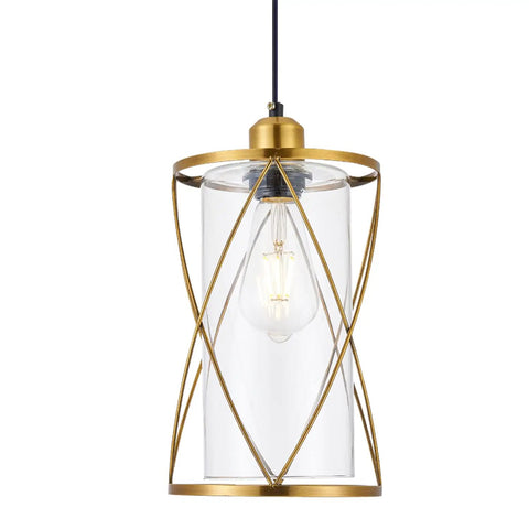 Modern Brushed Brass Mini Pendant Light With Clear Glass Shade 1-Light Adjustable Cylinder Pendant Fixture