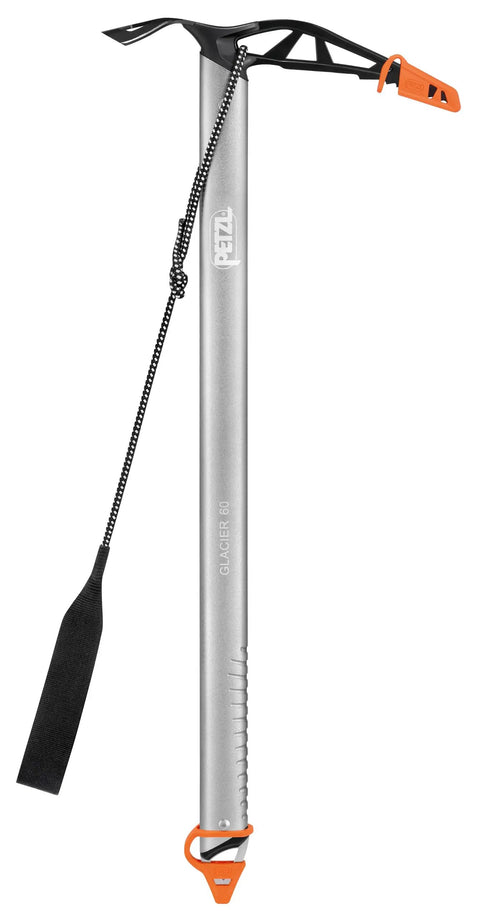 Glacier Linkin Ice Axe With Leash 68cm showing tapered steel pick, grooved shaft, and orange details for ice climbing.