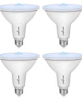 Four Boss Outdoor Motion Sensor Flood Light 5000K Daylight LED bulbs in white, E26 base, shown from front and side.
