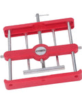 Dead On Mortise Tenon Jig Woodworking Doweling Kit showing red plastic frame with metal rods, designed for precise joint alignment.