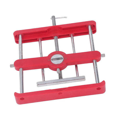 Dead On Precision Self Centering Mortise Tenon Jig With Convenient Punch Locator for wood joinery, red plastic and metal material.