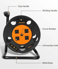 Heavy Duty Open Cord Reel With Four Grounded Outlets, Hand Wind Retractable Power Cord Organizer, 15 Amp Circuit Breaker, Orange