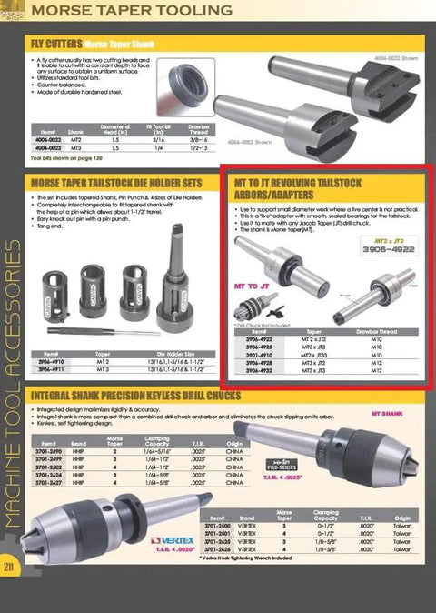 MT2 To JT2 Live Tailstock Drill Chuck Adapter For Milling And Lathes highlighted in catalog with Morse Taper tooling.