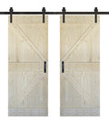 Unfinished Solid Wood Double Sliding Barn Door Kit With Hardware Set Two Panels Measuring 76 Inches High By 84 Inches Wide DIY Ready