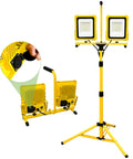 Beastly Bright 25,000 Lumen Dual Head Led Work Light with stand, showing yellow tripod and individual on off switches up close